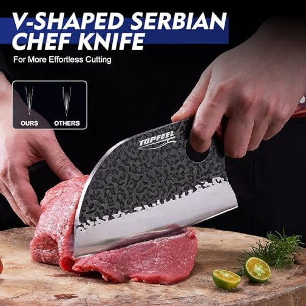 6.8Inch Serbian Chef Knife- Meat Cleaver Butcher Knife Set With Leather Sheath And Whetstone Kitchen Knives For Home Camping Bbq