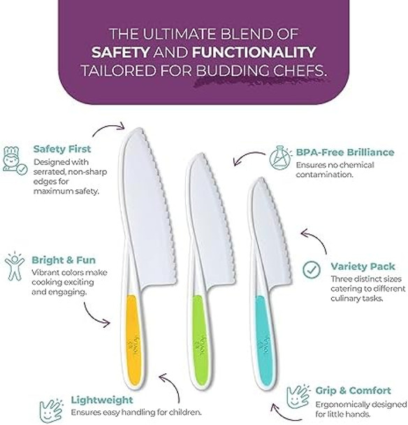 Tovla Jr. Knives For Kids 3-Piece Kitchen Cooking And Baking Knife Set: Montessori Children'S Knives In 3 Sizes & Colors/Firm Grip Serrated Edges Bpa- Kids' Toddler Knives (Colors Vary)