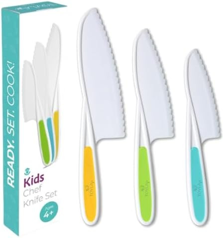 Tovla Jr. Knives For Kids 3-Piece Kitchen Cooking And Baking Knife Set: Montessori Children'S Knives In 3 Sizes & Colors/Firm Grip Serrated Edges Bpa- Kids' Toddler Knives (Colors Vary)