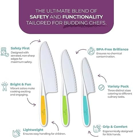 Tovla Jr. Knives For Kids 3-Piece Kitchen Cooking And Baking Knife Set: Montessori Children'S Knives In 3 Sizes & Colors/Firm Grip Serrated Edges Bpa- Kids' Toddler Knives (Colors Vary)