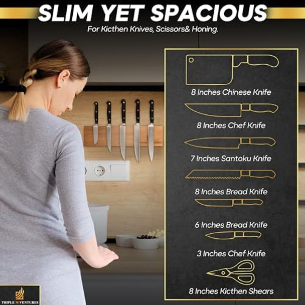 Magnetic Knife Holder – Premium Acacia Wood Knife Storage With Double-Sided Magnetic Stand Anti-Slip Base – Elegant Countertop & Standing-On Table Knife Organizer For Kitchen Tools