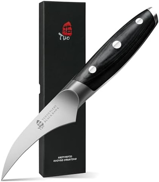 Tuo Bird'S Beak Paring Knife 2.75 Inch Sharp Tourne Knife With Ergonomic Pakkawood Handle German Stainless Steel For Fruit Onion Garlic - Black Hawk Series