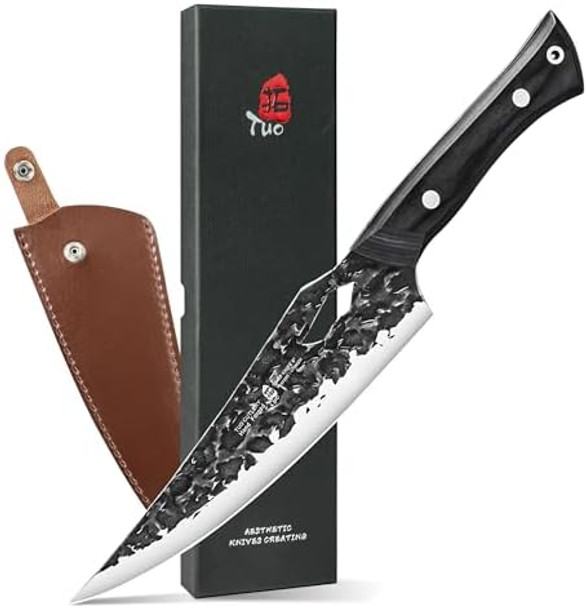 Tuo Hand Forged Chef Knife 8 Inch Wild Design Butcher Knife With Sheath For Meat Cutting High Carbon Steel Blade With Black Pakkawood Handle Sharp For Kitchen Cooking Bbq