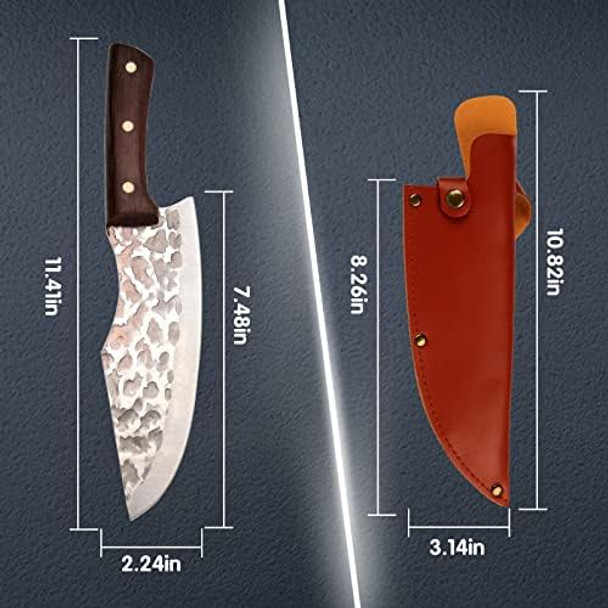 8 Inch Chef Knife With Sheath Hand Forged Boning Knife Stainless Steel Outdoor Cooking Knife Carrying Leather Scabbard Cooking Pleasures Knives For Home Bbq Camping (8 In Cleaver Knife)