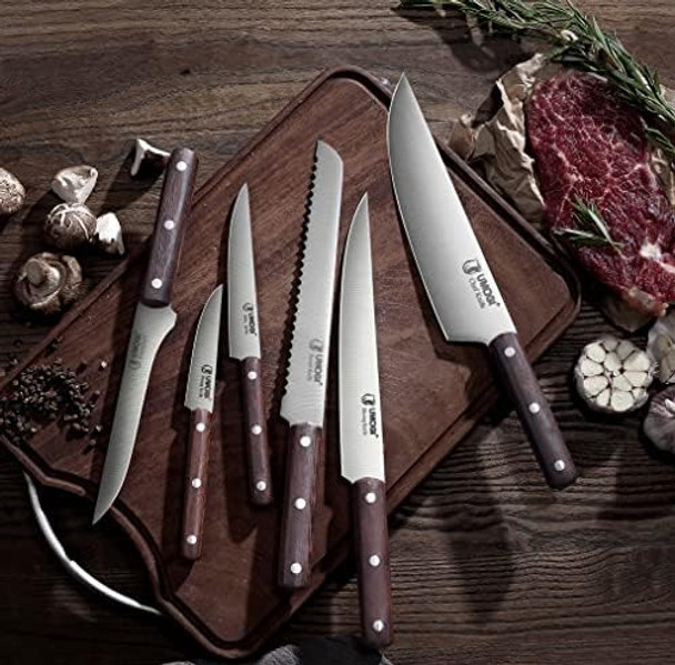 Kitchen Knife Set 6 Piece With Sheath Covers In Box - Full Tang Wooden Handle German Stainless Steel - Professional Cutlery Knives Set With Chef Slicing Bread Boning Utility Paring Knife