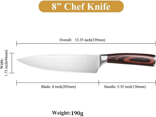 8" Chef Knife And 7'' Santoku Knife Set 13.35" Overall 8" Blade 5.35" Handle 190G Weight 8" Chef Knife And 7'' Santoku Knife Set 13.35" Overall 8" Blade 5.35" Handle 190G Weight