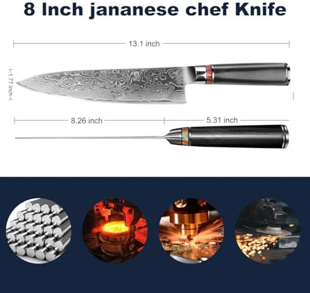 8" Damascus Chef Knife - 67-Layer Hand-Forged Blade Nsf Pakkawood Handle Box (62 Hrc)