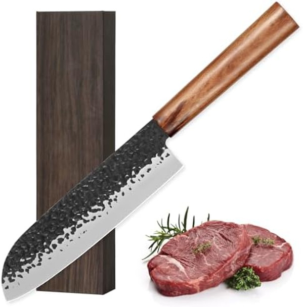Santoku Knife - 7 Inch Japanese Knife German High Carbon Stainless Steel En1.4116 Professional Cooking Knife Ultra Sharp Meat & Sushi Knife Kitchen Gadgets - With Sheath & Case