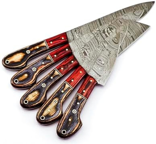 Professional Damascus Chef Knife Set Custom Handmade Kitchen Knife Set - Ergonomic Wood Handle For Home Cooks & Chefs With Leather Roll/Pouch 9010 Multiple Brown