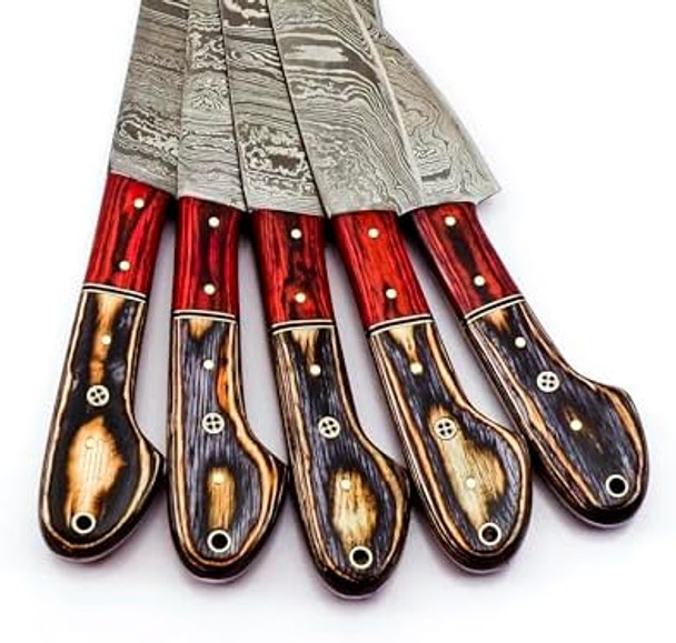 Professional Damascus Chef Knife Set Custom Handmade Kitchen Knife Set - Ergonomic Wood Handle For Home Cooks & Chefs With Leather Roll/Pouch 9010 Multiple Brown