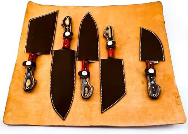 Professional Damascus Chef Knife Set Custom Handmade Kitchen Knife Set - Ergonomic Wood Handle For Home Cooks & Chefs With Leather Roll/Pouch 9010 Multiple Brown
