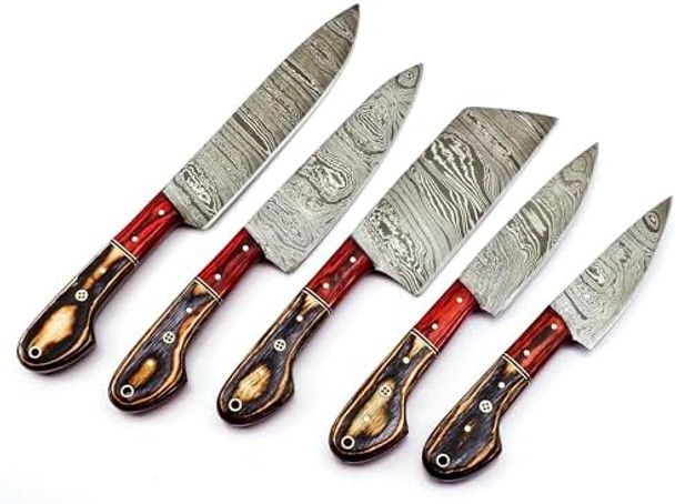 Professional Damascus Chef Knife Set Custom Handmade Kitchen Knife Set - Ergonomic Wood Handle For Home Cooks & Chefs With Leather Roll/Pouch 9010 Multiple Brown Professional Damascus Chef Knife Set Custom Handmade Kitchen Knife Set - Ergonomic Wood Handle For Home Cooks & Chefs With Leather Roll/Pouch 9010 Multiple Brown