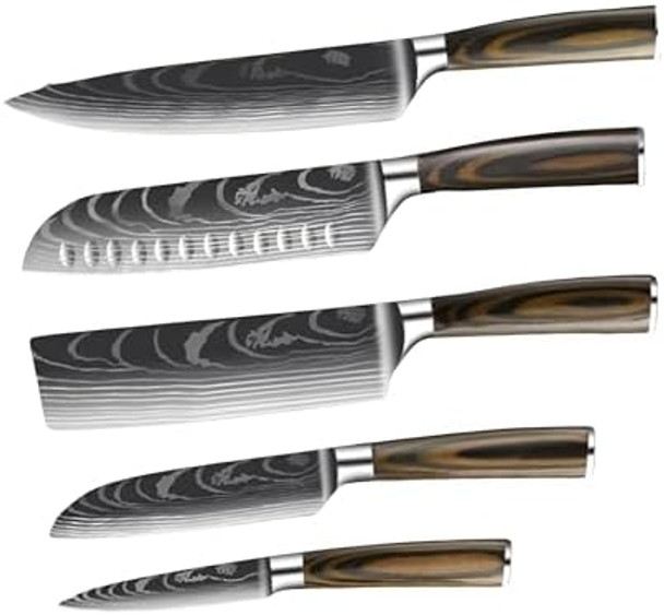 Damascus Kitchen Knives Set Of 5 – Razor-Sharp Steel Laser-Cut Damascus Pattern Includes Chef Knife Santoku Nakari & Paring Knife For Precision Cutting In Home Or Professional Kitchens