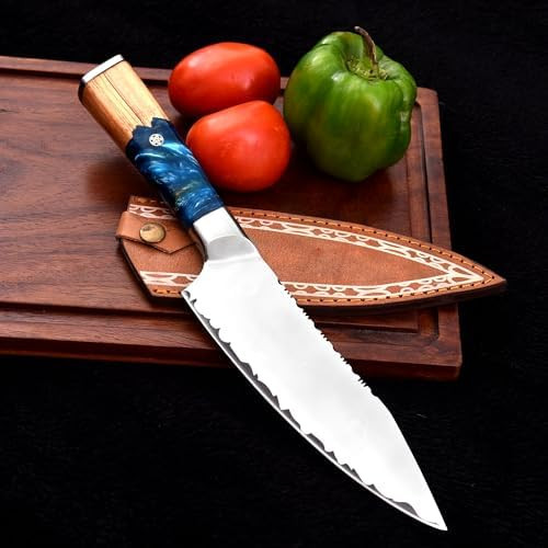 Master Kitchen Knife - 8 Inch - Premium Steel - Celestial Resin & Wood Handle - Razor Sharp - Kitchen Cooking Chef'S Knife - Leather Sheath.