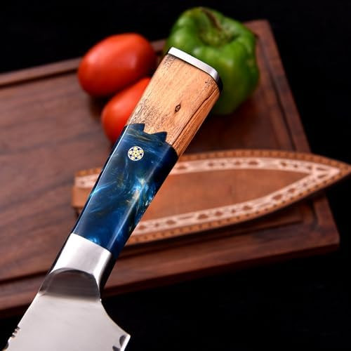 Master Kitchen Knife - 8 Inch - Premium Steel - Celestial Resin & Wood Handle - Razor Sharp - Kitchen Cooking Chef'S Knife - Leather Sheath.