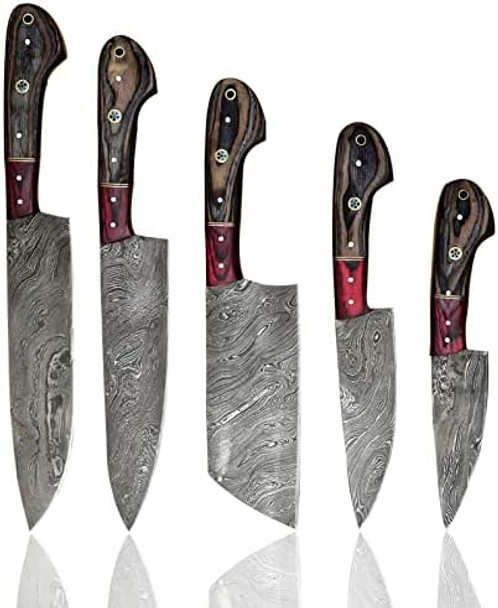 Hand Forged Chef Knives Kitchen Set Damascus Steel Knives Handmade Knife Setprofessional Chef Knives Set Vegetable Meat Cooking Knife Tools Accessories With Beige Solid Wood Handle5 Pieces Set Knife