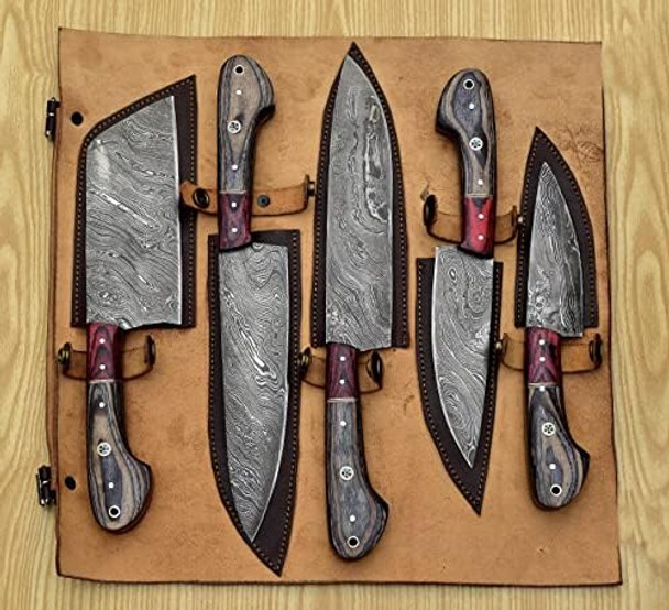 Hand Forged Chef Knives Kitchen Set Damascus Steel Knives Handmade Knife Setprofessional Chef Knives Set Vegetable Meat Cooking Knife Tools Accessories With Beige Solid Wood Handle5 Pieces Set Knife