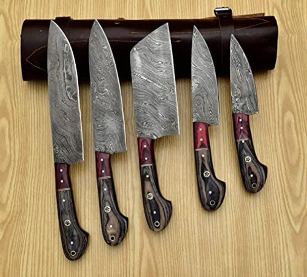 Hand Forged Chef Knives Kitchen Set Damascus Steel Knives Handmade Knife Setprofessional Chef Knives Set Vegetable Meat Cooking Knife Tools Accessories With Beige Solid Wood Handle5 Pieces Set Knife