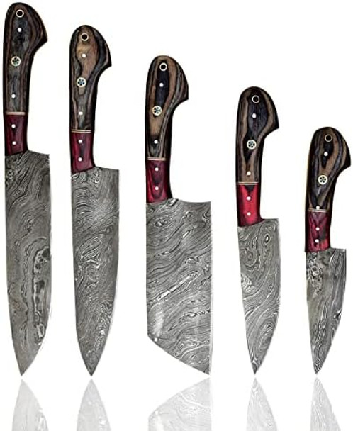 Hand Forged Chef Knives Kitchen Set Damascus Steel Knives Handmade Knife Setprofessional Chef Knives Set Vegetable Meat Cooking Knife Tools Accessories With Beige Solid Wood Handle5 Pieces Set Knife