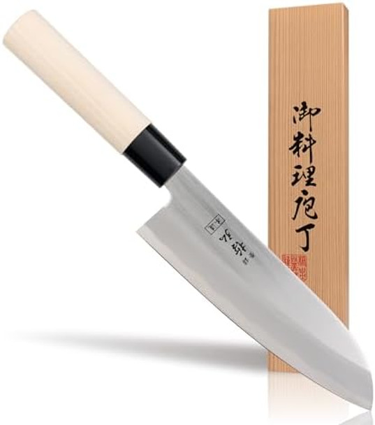 Tetsuhiro 7-Inch Santoku Knife – Japanese Stainless Steel Kitchen Knife – Sharp Chef Knife With Natural Wood Handle – Easy To Use For Everyday Cooking