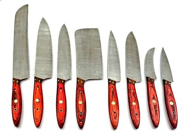 8Pcs Damascus Chef Knife Set Premium Quality Handmade Set With Leather Roll - Professional Kitchen Cutlery Set For Home Cooks & Chefs - Ergonomic Handles - Includes Storage Roll Red
