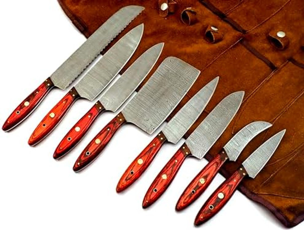 8Pcs Damascus Chef Knife Set Premium Quality Handmade Set With Leather Roll - Professional Kitchen Cutlery Set For Home Cooks & Chefs - Ergonomic Handles - Includes Storage Roll Red