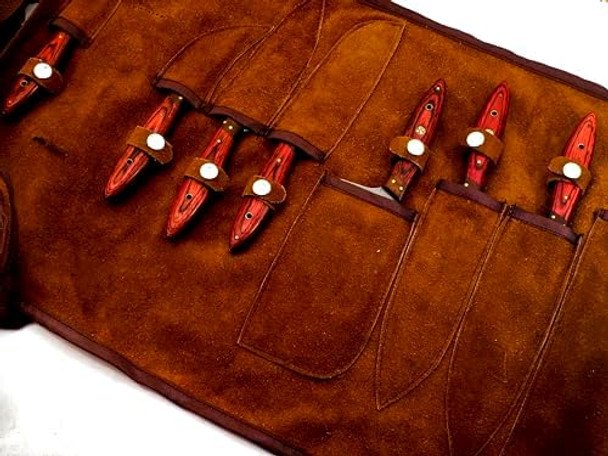 8Pcs Damascus Chef Knife Set Premium Quality Handmade Set With Leather Roll - Professional Kitchen Cutlery Set For Home Cooks & Chefs - Ergonomic Handles - Includes Storage Roll Red