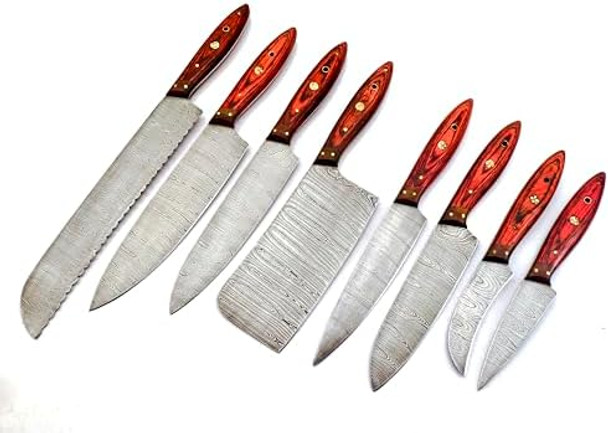 8Pcs Damascus Chef Knife Set Premium Quality Handmade Set With Leather Roll - Professional Kitchen Cutlery Set For Home Cooks & Chefs - Ergonomic Handles - Includes Storage Roll Red 8Pcs Damascus Chef Knife Set Premium Quality Handmade Set With Leather Roll - Professional Kitchen Cutlery Set For Home Cooks & Chefs - Ergonomic Handles - Includes Storage Roll Red
