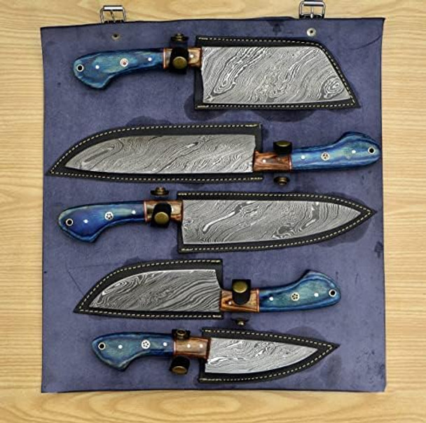 Handmade 5 Pieces Set Knife Hand Forged Kitchen Set Damascus Steel Knives Item For Herfine Tool Professional Chef Knives Set Vegetable Meat Cooking Knife With Blue Solid Wood Handle