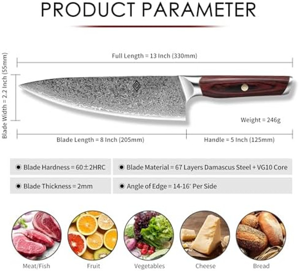 Damascus Chef Knife 8 Inch Professional Japanese Kitchen Knives Sharp High Carbon Super Steel With Ergonomic Pakkawood Handles Elegant Box Packaging Damascus Chef Knife 8 Inch Professional Japanese Kitchen Knives Sharp High Carbon Super Steel With Ergonomic Pakkawood Handles Elegant Box Packaging