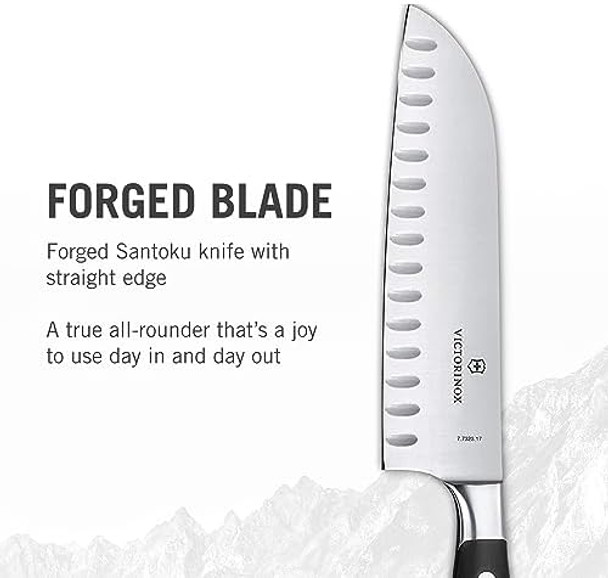Victorinox Grand Maitre Santoku Knife - Ergonomic Sharp Chopping Knife For Kitchen Essentials - Black Handle Granton Edge 7"
