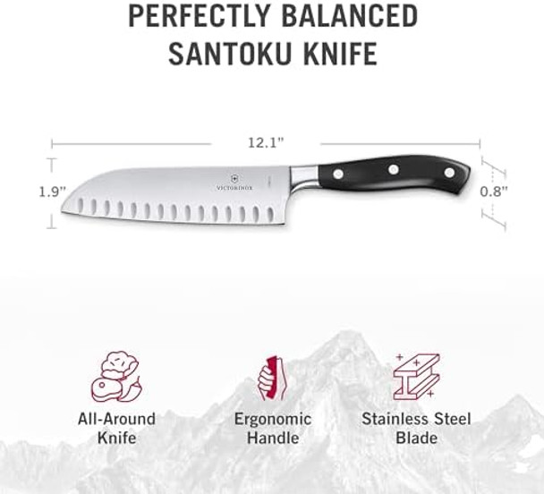 Victorinox Grand Maitre Santoku Knife - Ergonomic Sharp Chopping Knife For Kitchen Essentials - Black Handle Granton Edge 7"