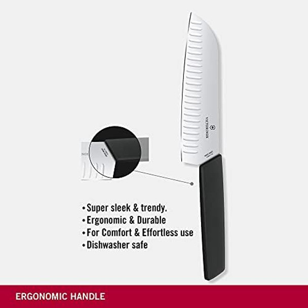 Victorinox Swiss Modern Santoku Knife - Sharp Kitchen Knife For Dicing Slicing & Mincing - Premium Kitchen Accessories - Black Handle 7"
