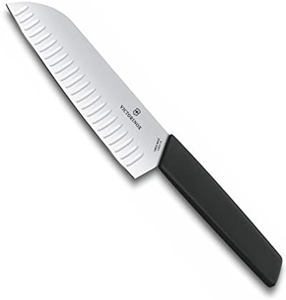 Victorinox Swiss Modern Santoku Knife - Sharp Kitchen Knife For Dicing Slicing & Mincing - Premium Kitchen Accessories - Black Handle 7"