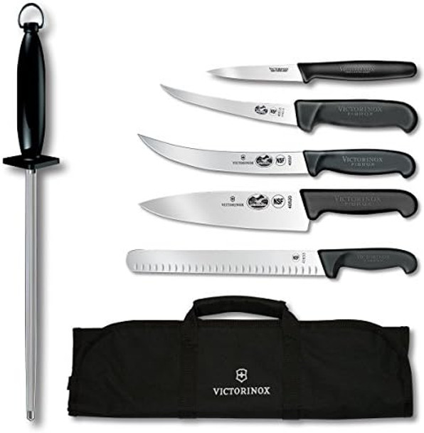 Victorinox Swiss Army 7-Piece Natural Competition Bbq Set With Black Fibrox Pro Handles And Knife Roll (46135Us2)