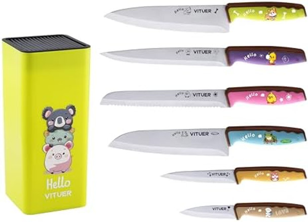 Knife Set Vituer 7Pcs Stainless Steel Kitchen Knife Block Set Dishwasher Safe (Stylish Animal Characters)