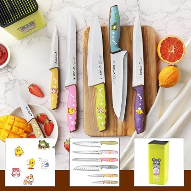 Knife Set Vituer 7Pcs Stainless Steel Kitchen Knife Block Set Dishwasher Safe (Stylish Animal Characters)