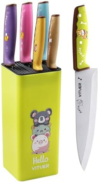 Knife Set Vituer 7Pcs Stainless Steel Kitchen Knife Block Set Dishwasher Safe (Stylish Animal Characters)