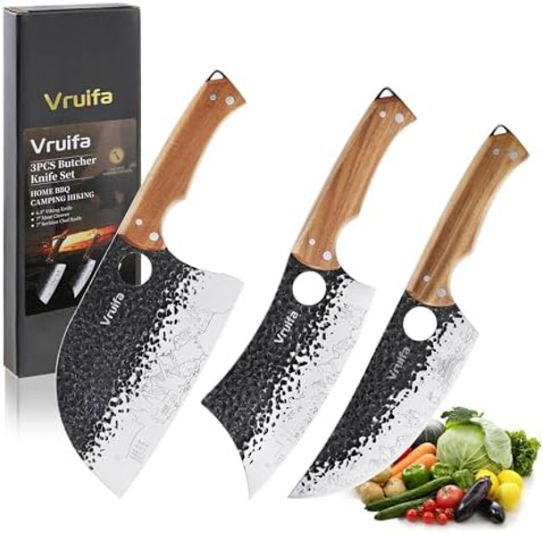 3 Pcs Butcher Knife Set (Serbian Meat Cleaver Viking) Hand Forged With Premium Stainless Steel Blades Ergonomic Wooden Handle Kitchen Knife Set For Homebbq And Camping