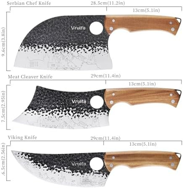 3 Pcs Butcher Knife Set (Serbian Meat Cleaver Viking) Hand Forged With Premium Stainless Steel Blades Ergonomic Wooden Handle Kitchen Knife Set For Homebbq And Camping