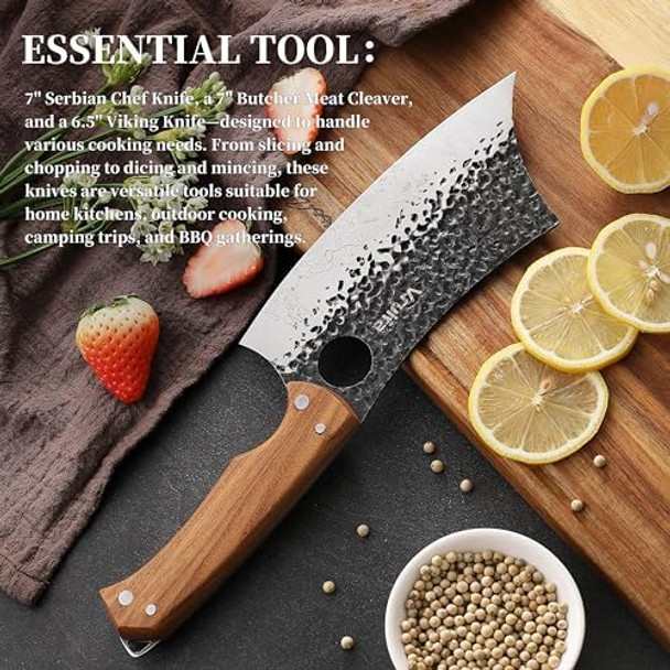 3 Pcs Butcher Knife Set (Serbian Meat Cleaver Viking) Hand Forged With Premium Stainless Steel Blades Ergonomic Wooden Handle Kitchen Knife Set For Homebbq And Camping