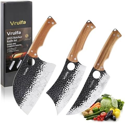 3 Pcs Butcher Knife Set (Serbian Meat Cleaver Viking) Hand Forged With Premium Stainless Steel Blades Ergonomic Wooden Handle Kitchen Knife Set For Homebbq And Camping