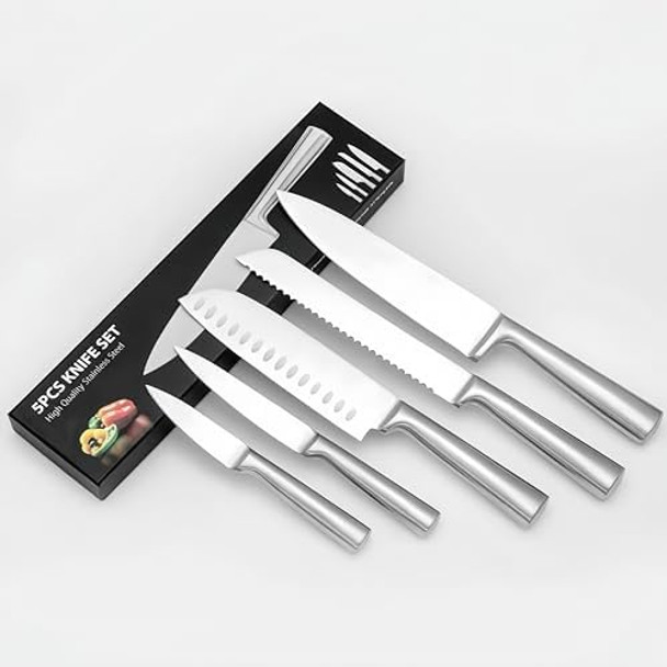 5-Piece Stainless Steel Chef Knives Set - Ultra-Sharp Ergonomic Handles - Precise Cutting Meat Veggies Fruits - Home & Pro Use Dishwasher Safe Rust-Resistant With Sheath