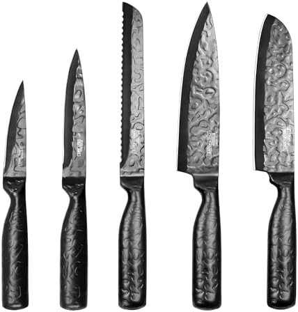 Vvwgkpk Kitchen Knife Set 5Pcs Black Knife Set With With Ergonomic Handle High Carbon Stainless Steel Hammered Collection Knives For Multipurpose Cooking Chef Knife With Box