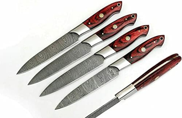 Handmade Damascus Steak Knives Set Of 4 Pcs Utility Chef Knife Set. Overall 9.5''Inches Length Of Steak Knives. 4 Piece Steak Dinner Knife Set With Red Pakka Wood. (1051)