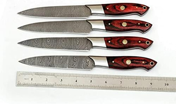 Handmade Damascus Steak Knives Set Of 4 Pcs Utility Chef Knife Set. Overall 9.5''Inches Length Of Steak Knives. 4 Piece Steak Dinner Knife Set With Red Pakka Wood. (1051)
