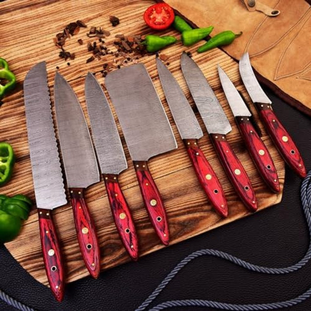W Trading-Custom Hand Made Damascus Steel Blade Professional Kitchen Knives 8 Pcs Chef Kitchen Knife Set With Leather Pouch For Storage. Wt-1046-8
