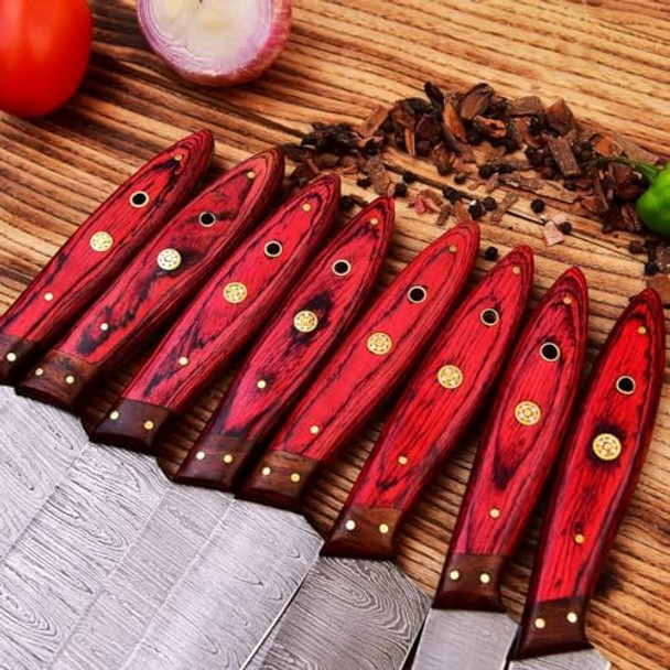 W Trading-Custom Hand Made Damascus Steel Blade Professional Kitchen Knives 8 Pcs Chef Kitchen Knife Set With Leather Pouch For Storage. Wt-1046-8
