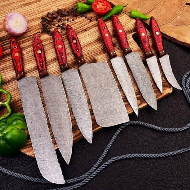 W Trading-Custom Hand Made Damascus Steel Blade Professional Kitchen Knives 8 Pcs Chef Kitchen Knife Set With Leather Pouch For Storage. Wt-1046-8