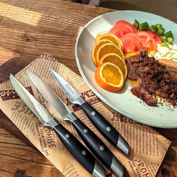 3-Piece Kitchen Knife Setfruit Knife Setprecision Forged High-Carbon Stainless Steel Black Ergonomic Handle 3.5" & 5" Straight & Serrated Edge